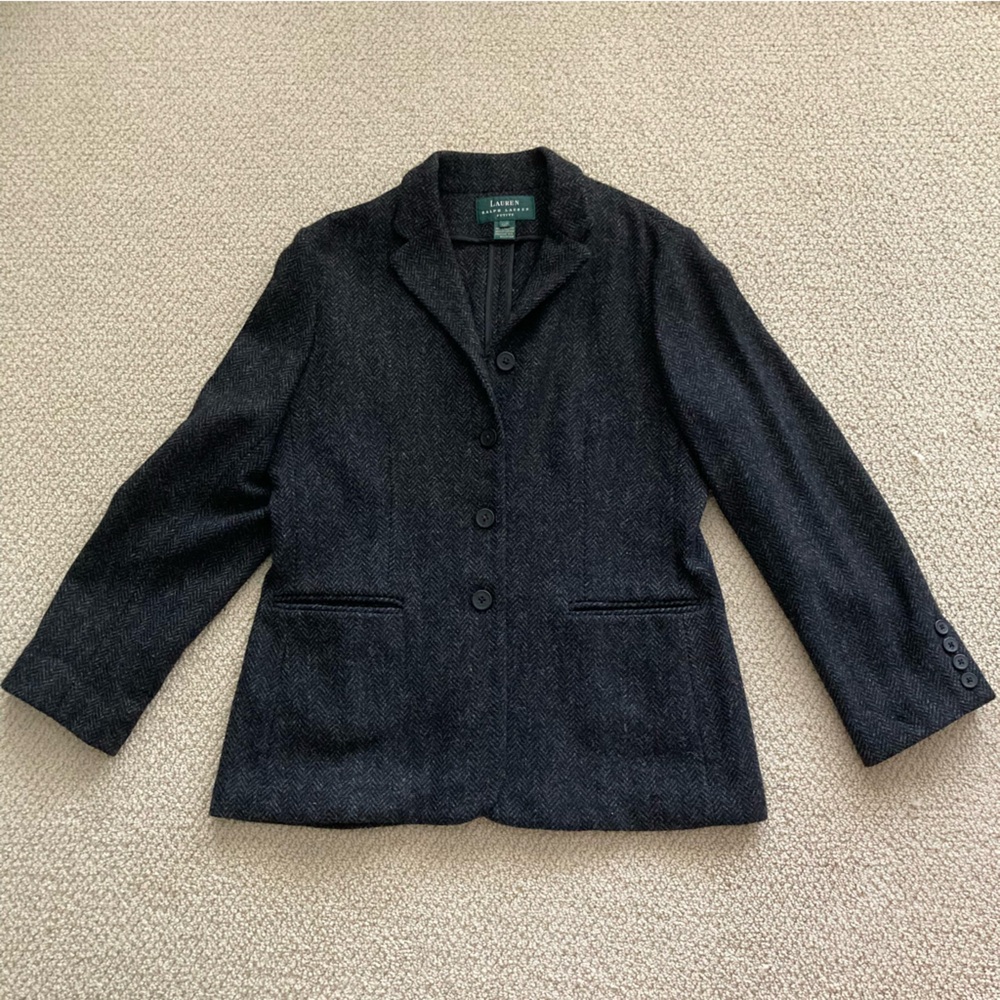 Lauren Ralph Lauren Dark Grey 100% Lamb’s Wool Blazer Size 12 Petite Coat EUC